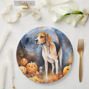Halloween American English Foxhound with Pumpkins Pappteller