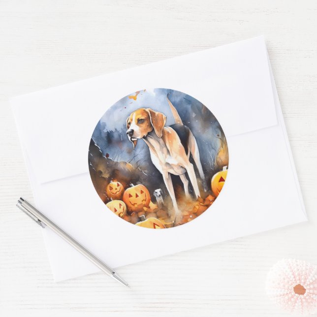 Halloween American English Foxhound with Pumpkins Runder Aufkleber (Umschlag)