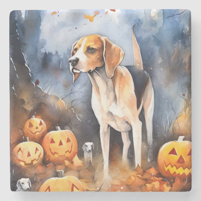 Halloween American English Foxhound with Pumpkins Steinuntersetzer (Vorderseite)