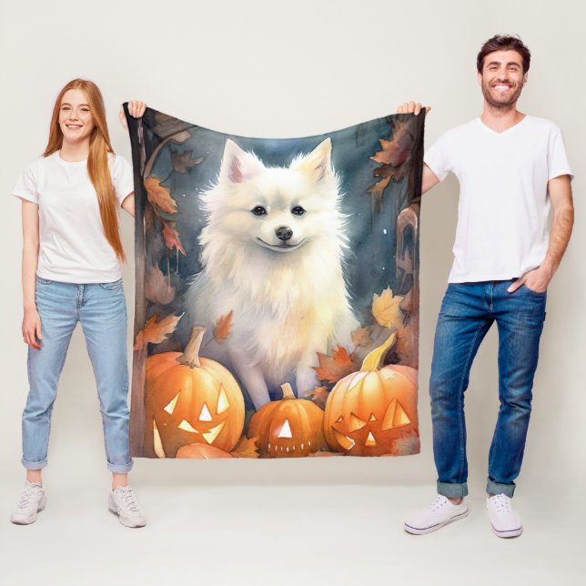 Halloween American Eskimo mit Pumpkins Beängstigen Fleecedecke (Beispiel)