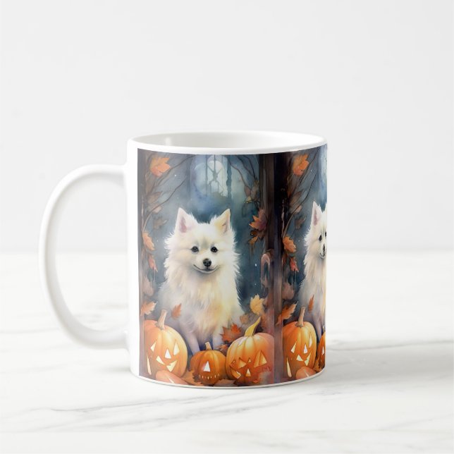 Halloween American Eskimo mit Pumpkins Beängstigen Kaffeetasse (Links)