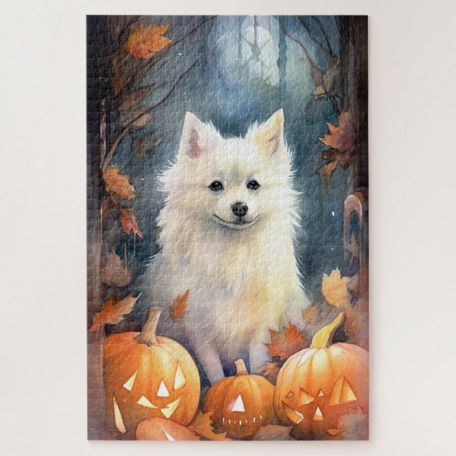 Halloween American Eskimo mit Pumpkins Beängstigen Puzzle (Vertikal)