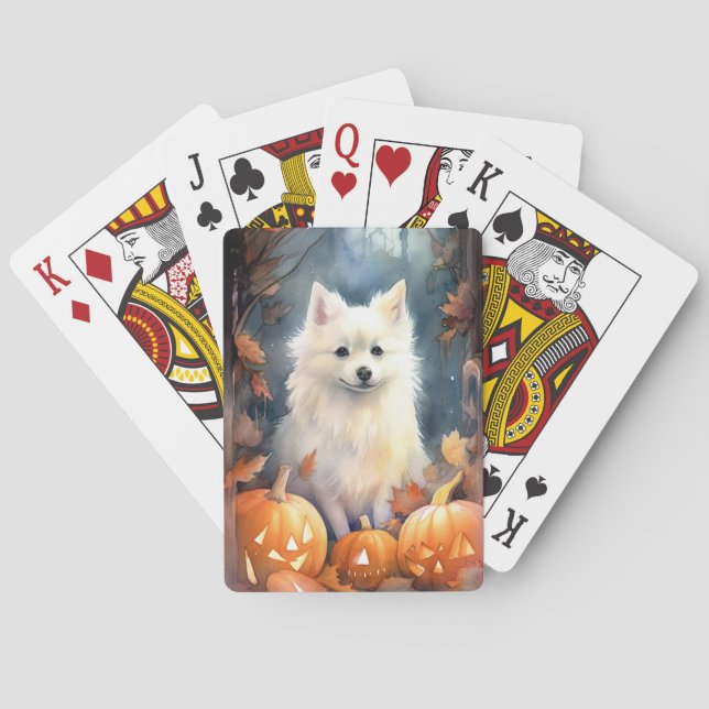 Halloween American Eskimo mit Pumpkins Beängstigen Spielkarten (Rückseite)