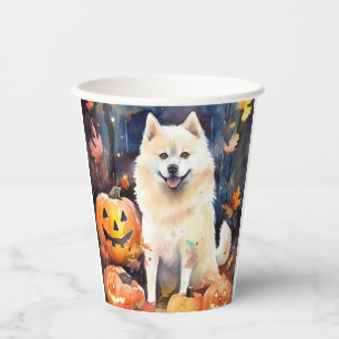 Halloween Amerikanischer Akita mit Kürbissen Gruse Pappbecher
