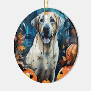 Halloween Anatolischer Hirtenhund mit Kürbissen Gr Keramik Ornament
