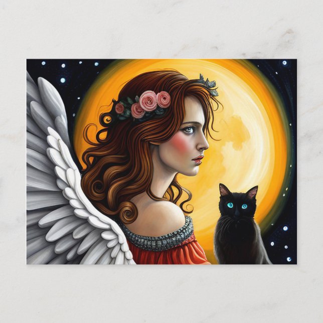 Halloween Angel und Schwarze Katze Postkarte (Vorderseite)