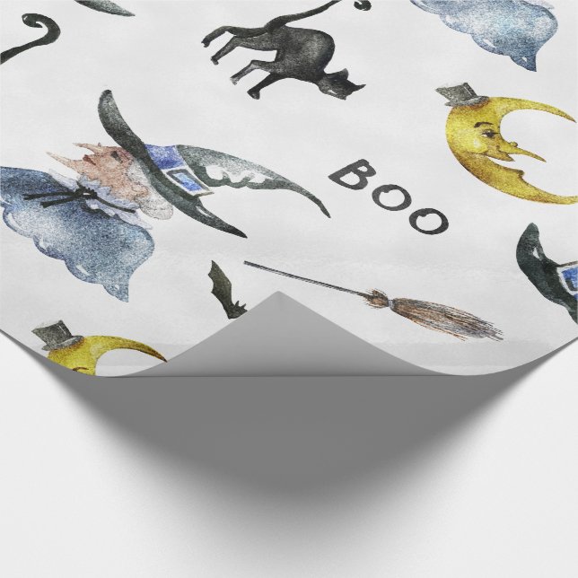Halloween - Aquarell-Hexe - Katze - Mond Geschenkpapier (Ecke)