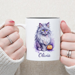 Halloween Aquarellenkatze mit Kürbis Zweifarbige Tasse