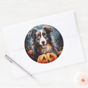 Halloween Australian Shepherd mit Kürbissen Grusel Runder Aufkleber