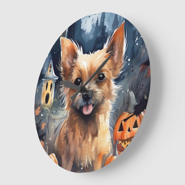 Halloween Australian Terrier with Pumpkins Beängst Große Wanduhr (Winkel)