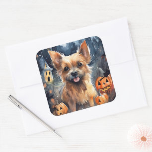 Halloween Australian Terrier with Pumpkins Beängst Quadratischer Aufkleber