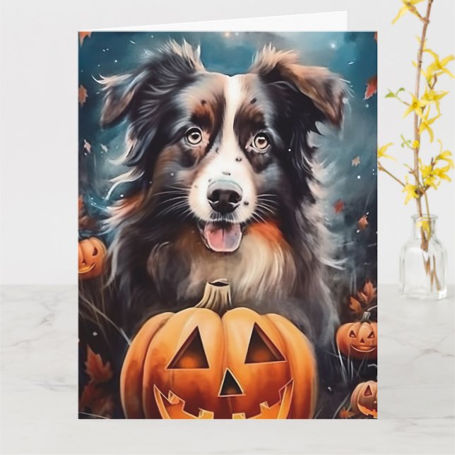 Halloween Australischer Schäferhund mit Pumpkins B Karte (Gelbe Blume)