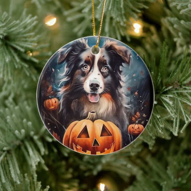 Halloween Australischer Schäferhund mit Pumpkins B Keramik Ornament (Baum)