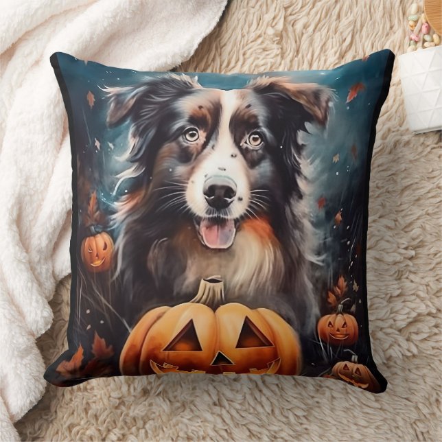 Halloween Australischer Schäferhund mit Pumpkins B Kissen (Decke)