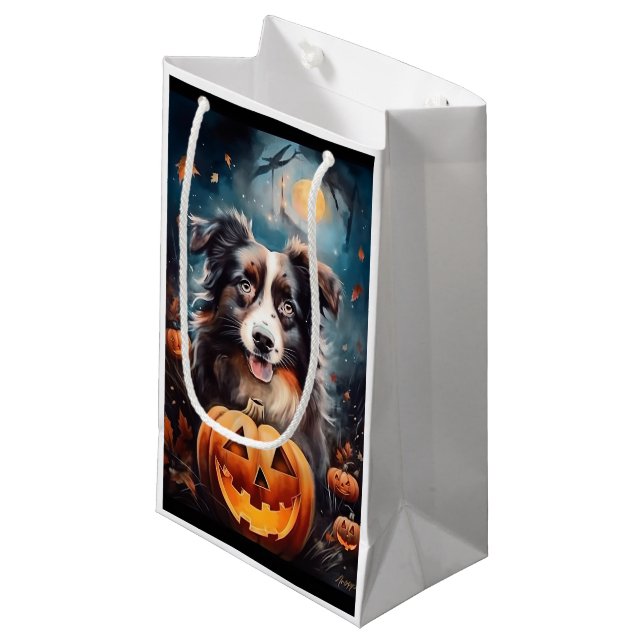 Halloween Australischer Schäferhund mit Pumpkins B Kleine Geschenktüte (Vorderseite Schrägansicht)