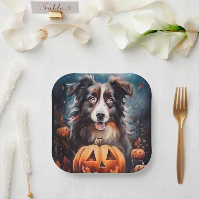 Halloween Australischer Schäferhund mit Pumpkins B Pappteller (Hochzeit)