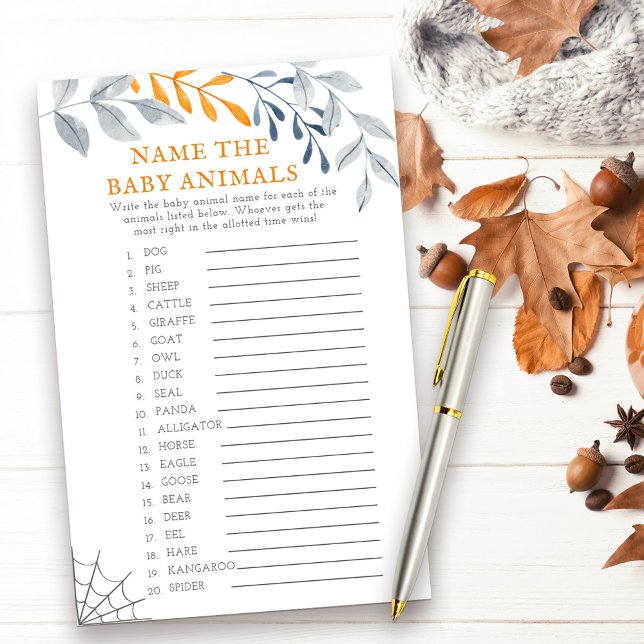 Halloween Baby Animals Baby Showspiel (Baby Animals halloween themed baby shower game with fall leaves and cobweb)