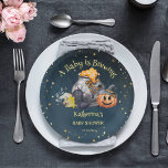 Halloween Baby Braut Pappteller<br><div class="desc">Halloween niedliches Baby Geist Kürbis Brautopf Babydusche Geschirr personalisiert Party Teller. Ein niedlicher Baby Kürbis-Geist mit Katzenkuscheln,  Pilzen und einer großen Topf mit Süßkerzen in Aquarellkerzen auf dunkelsternigem Hintergrund für Halloween-Babydusche.</div>