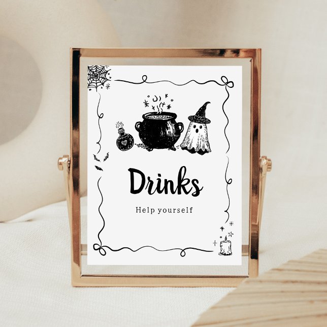 Halloween-Baby-braut-Trinkschild Poster (Hand Drawn A Baby is Brewing Baby Shower Drinks Sign)