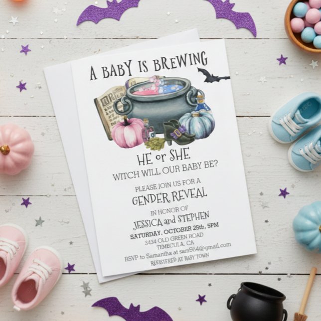 Halloween Baby Brewing Witch Gender Reveal Einladung (Von Creator hochgeladen)