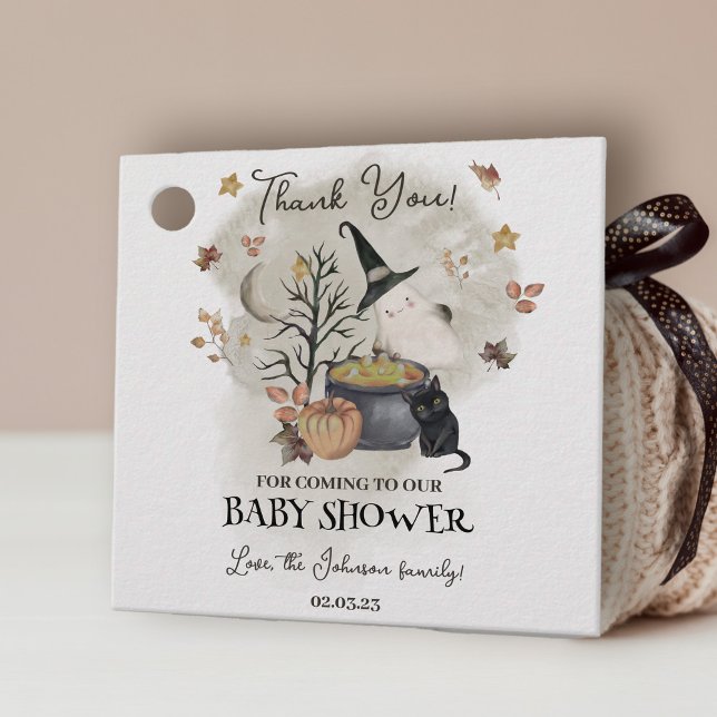 Halloween Baby Dusche Ein kleines Buch ist fast fä Geschenkanhänger (a little boo is almost due thank you favor tag for baby shower)