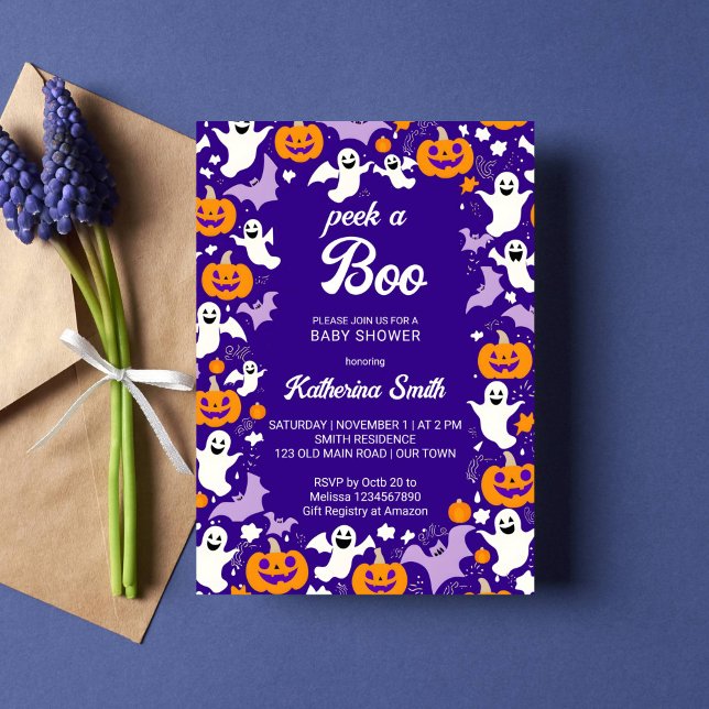 Halloween Baby Dusche flüchtige Blick ein niedlich Einladung (Peek a boo Halloween baby shower template invitation cute baby ghosts pumpkins bats purple orange)