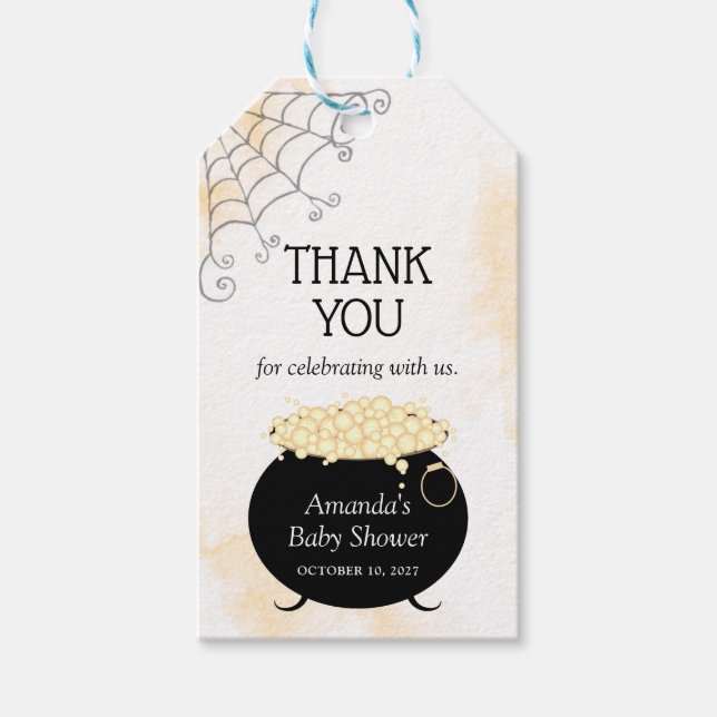 Halloween Baby Dusche Neutral Hexenbrauen Danke Geschenkanhänger (Vorderseite)