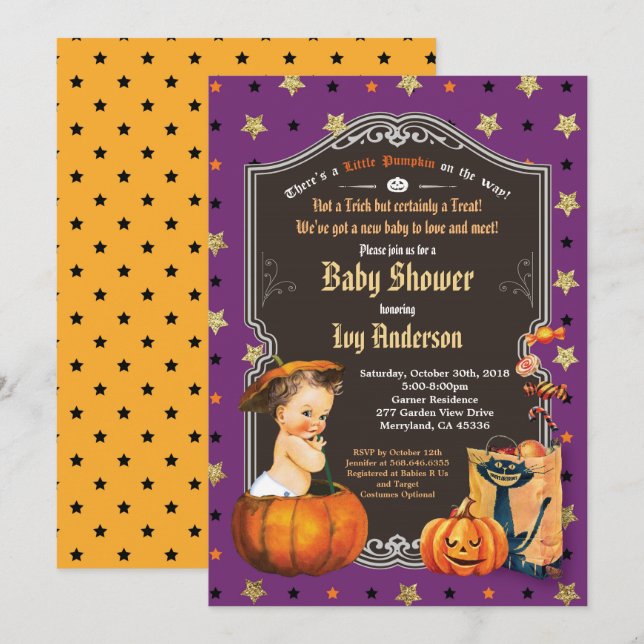 Halloween Baby Dusche Retro Kalkboard schwarzes Go Einladung (Vorne/Hinten)