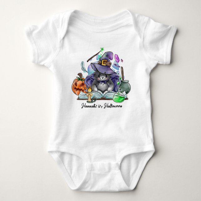 Halloween Baby Niedlich Cat Hexe Personalisierter  Baby Strampler (Vorderseite)