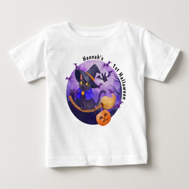 Halloween Baby Niedlich Cat Hexe Personalisierter  Baby T-shirt (Vorderseite)