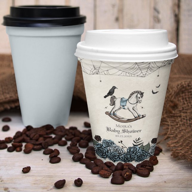 Halloween Baby Shower Blue Spooky Rocking Pferd Pappbecher (Gothic Baby Shower. Hand Drawn Vintage Pink Rocking Horse, Black Raven, Spiderwebs, Bats, Blue Roses)