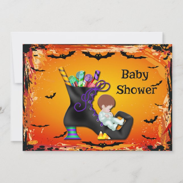 Halloween Baby Shower Boy auf Candy Hexenboot Einladung (Vorderseite)