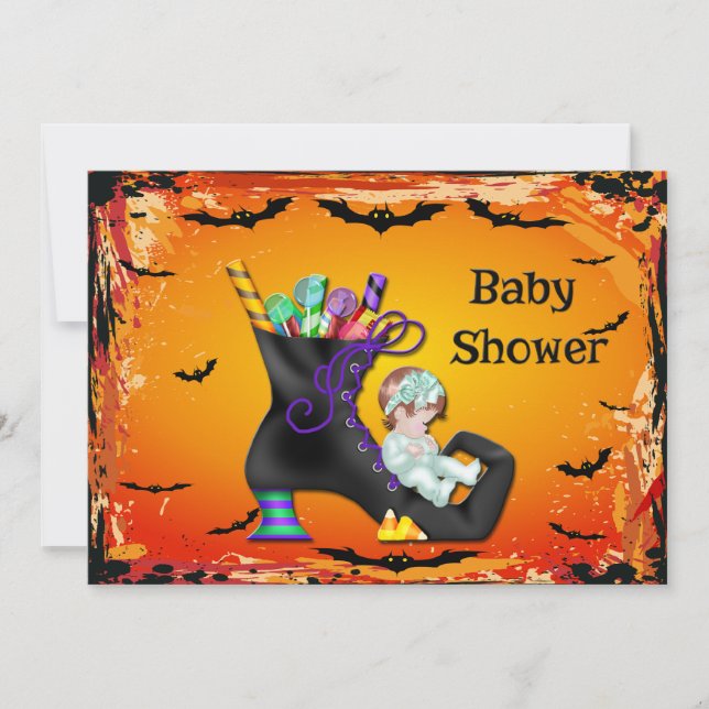 Halloween Baby Shower Girl auf Candy Hexenboot Einladung (Vorderseite)