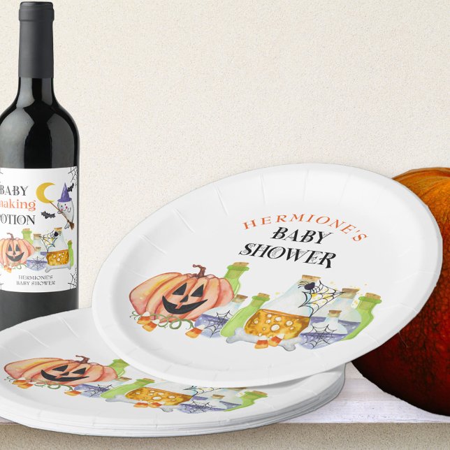 Halloween Baby Shower Pumpkin and Pools Pappteller (Halloween Baby Shower paper plates with cute pumpkin and magic baby making potions)