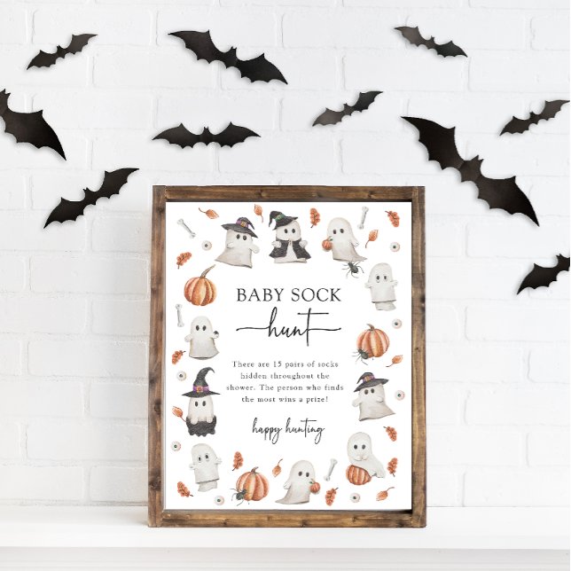 Halloween Baby Sock Hunt Game Sign Poster (Halloween Baby Sock Hunt Game Sign A Little Boo Is Almost Due Baby Shower Poster)