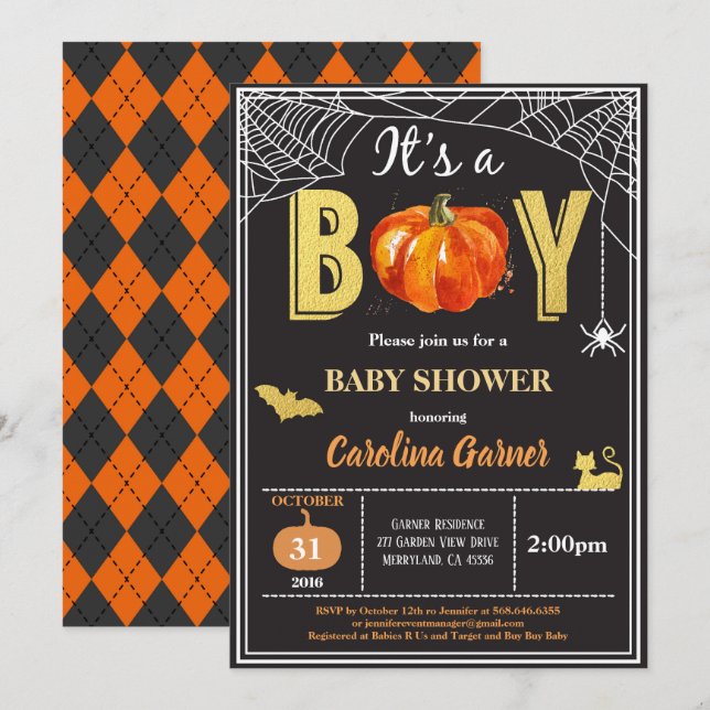 Halloween Babydusche Einladung. Schwarzes Gold Einladung (Vorne/Hinten)