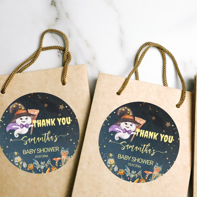 Halloween Babydusche niedliches Gespenst Danke Runder Aufkleber (Halloween baby shower thank you favor gift stickers cute baby ghost starry night background)