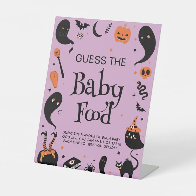 Halloween Babydusche Raten Sie das Baby Food Game Sockelschild (Vorderseite)