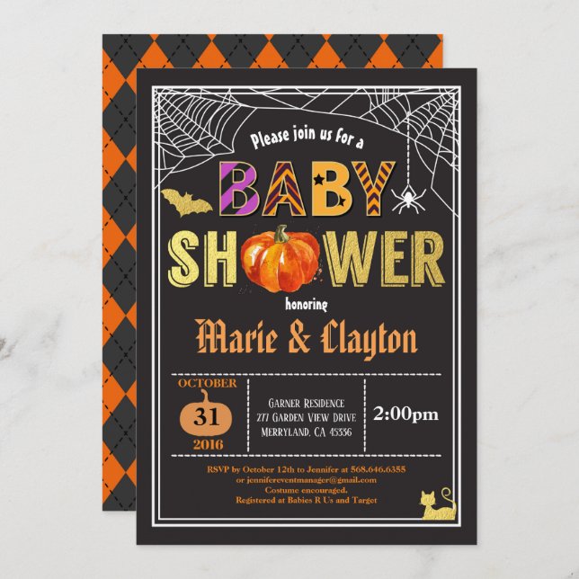 Halloween-Babydusche, schwarz & gold-Einladung Einladung (Vorne/Hinten)