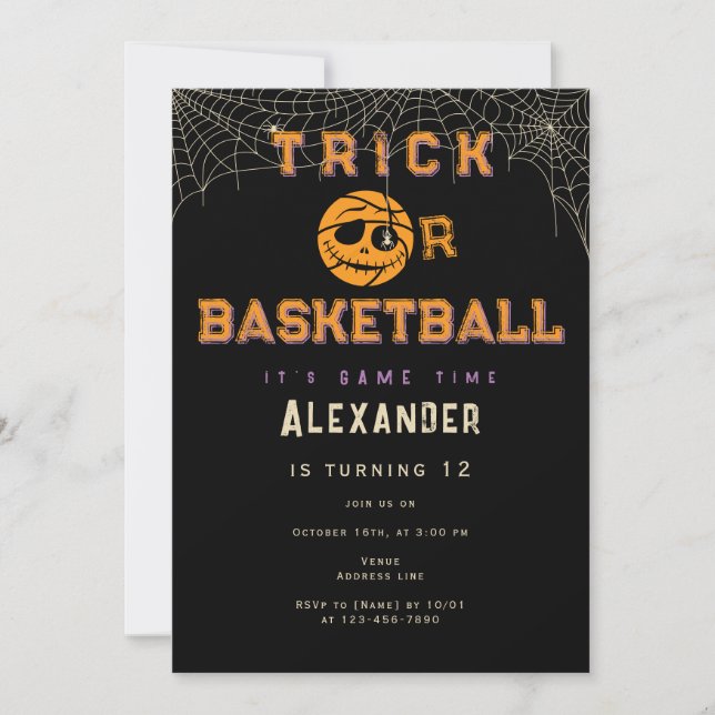 Halloween Ball Trick oder Basketball Geburtstag Einladung (Vorderseite)