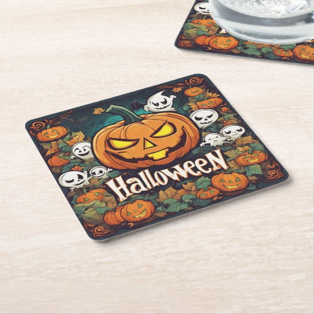 Halloween-Banner mit Kürbissen und Geistern -  Rechteckiger Pappuntersetzer (angewinkelt)