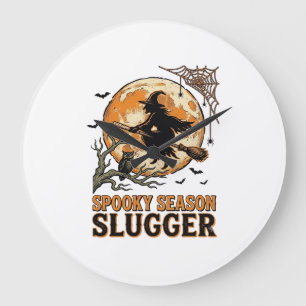 Halloween-Baseball-Hexe Vintage-Stich-Shirt_1 Große Wanduhr