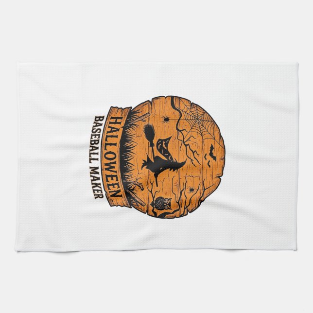 Halloween Baseball Maker Fliegende Hexe Holzmond  Geschirrtuch (Horizontal)