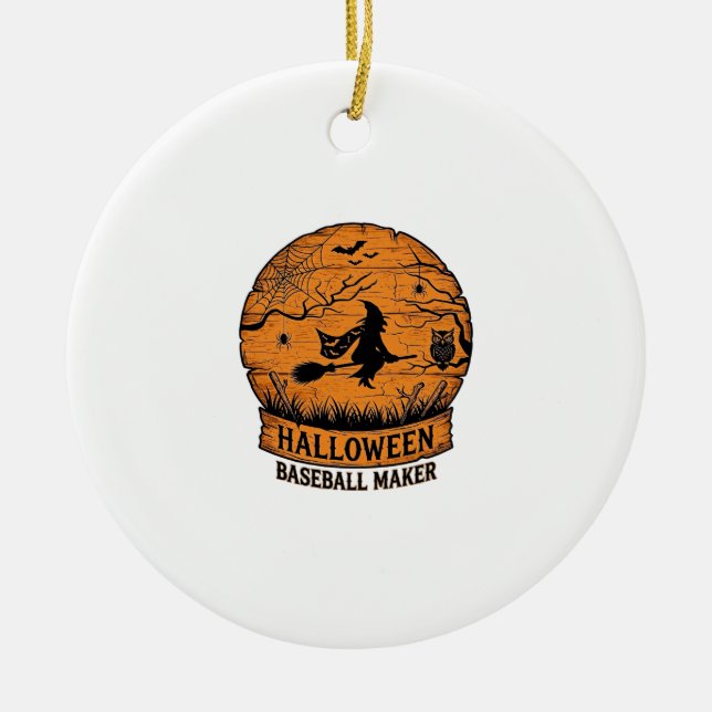 Halloween Baseball Maker Fliegende Hexe Holzmond  Keramik Ornament (Vorne)