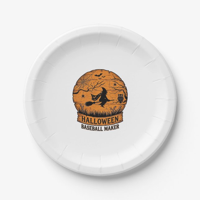 Halloween Baseball Maker Fliegende Hexe Holzmond  Pappteller (Vorderseite)