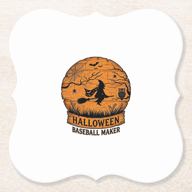 Halloween Baseball Maker Fliegende Hexe Holzmond  Untersetzer (Vorderseite)