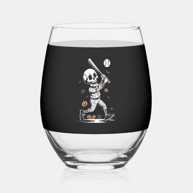 Halloween Baseball Skeleton Hitting Weinglas Ohne Stiel (Vorderseite)
