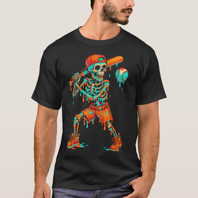 Halloween Baseball Skeleton Ice Cream Tropfen T-Shirt (Vorderseite)