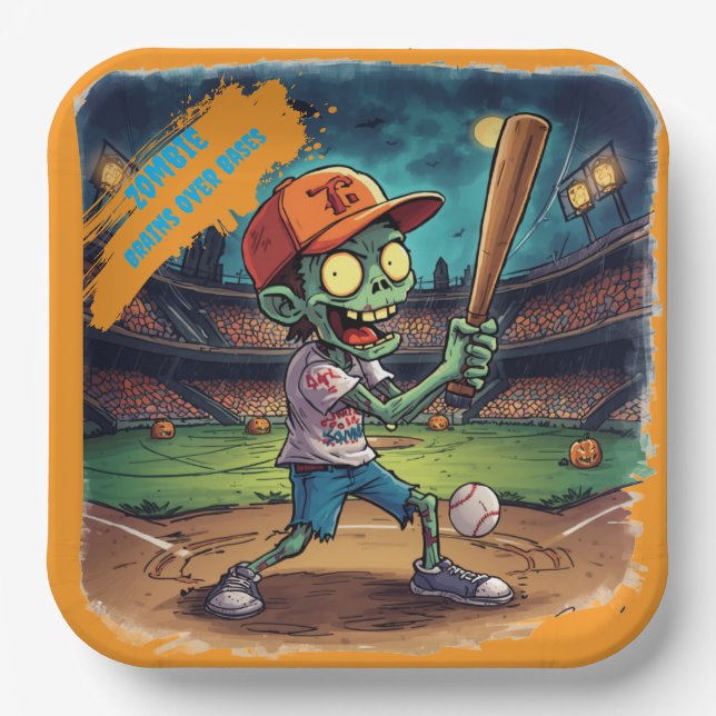 Halloween Baseball, Zombie, Gehirne über Basen  Pappteller (Vorderseite)