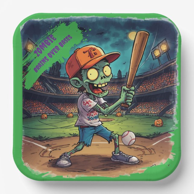Halloween-Baseball, Zombie, Gehirne über Basen  Pappteller (Vorderseite)